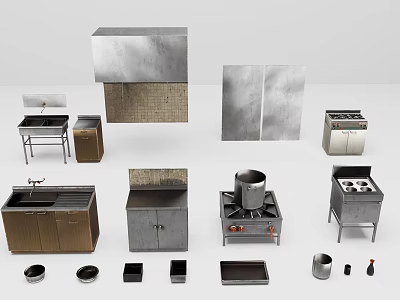 Practical Kitchen Living Supplies With Sink Cabinets Stove Pot And Various Accessories 3d model
