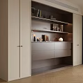 Modern Minimalist Sideboard With Open Shelves Dark Wood Drawers And Decorative Items