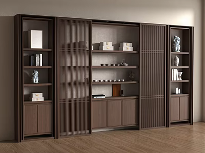 New Chinese Zen Bookcase New Chinese Bookcase Background Wall Decorative Bookcase High Cabinet Wood Open Bookcase 3d model