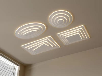 Modern Ceiling Lights with Round and Square Designs and Circular Lighting Rings in Indoor Interior 3d model