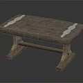 Rustic Wooden Table With Metal Decorative Strips On Tabletop And Sturdy Support Legs