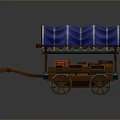 Vintage Wooden Wagon With Blue Striped Canvas Cover And Decorative Wooden Wheels