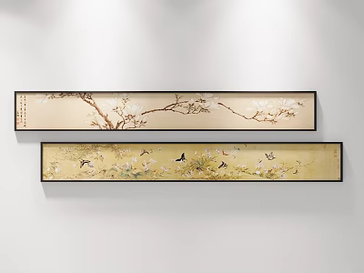 Two Long Horizontal Landscape Paintings With Plum Blossom Branches Birds And Butterflies On White Wall 3d model