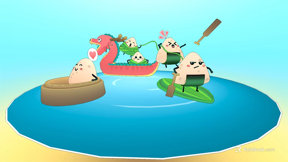 Cartoon Zongzi Characters On Dragon Boat With Steamer And Leaf Boat In Water 3d model 