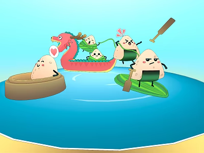 Cartoon Zongzi Characters On Dragon Boat With Steamer And Leaf Boat In Water 3d model