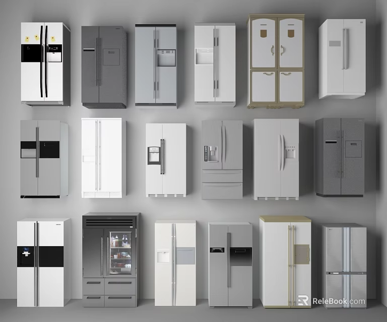 Various Modern Refrigerator Designs With Different Colors And Door Styles For Kitchen 3d model