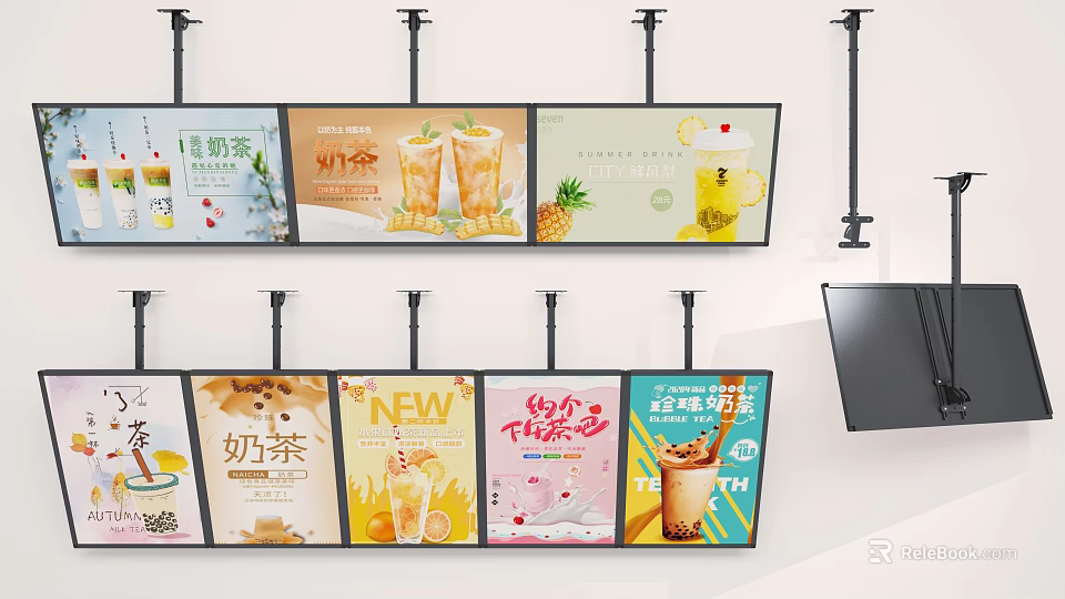 Colorful Milk Tea Shop Advertising Boards Featuring Various Drinks New Flavors and Afternoon Tea Promotion 3d model 