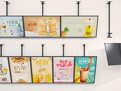 Colorful Milk Tea Shop Advertising Boards Featuring Various Drinks New Flavors and Afternoon Tea Promotion 3d model