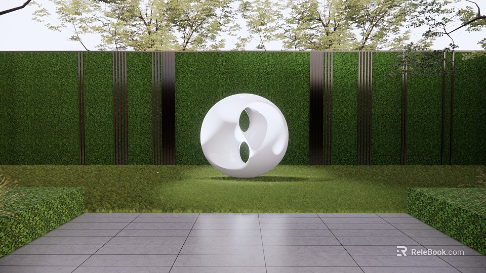 White Circular Sculpture With Symmetric Holes Against Green Hedge Wall And Gray Stone Floor 3d model 