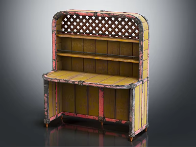 Vintage Storage Cabinet With Yellow Pink Distressed Finish And Lattice Top Shelves 3d model