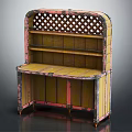 Vintage Storage Cabinet With Yellow Pink Distressed Finish And Lattice Top Shelves