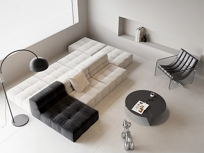 White Sectional Sofa and Round Black Coffee Table Set with Floor Lamp Accent Chair Decor 3d model