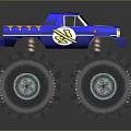 Blue Monster Truck with Large Off Road Tires and Decorative Graphics On Body