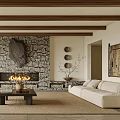 Elegant Living Room Interior With Stone Wall Fireplace White Sofas And Decorative Elements 3d model