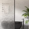 Elegant Bathroom Glass Partition With Textured Surface Black Bathtub And Green Plant