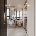 Sleek Modern Bathroom Interior With Glass Shower Enclosure Stone Walls And Pendant Lights