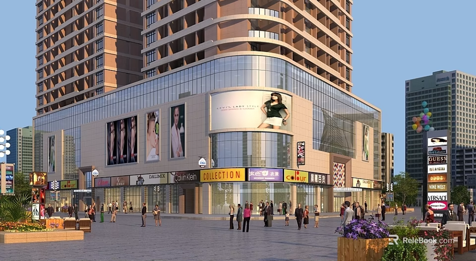 Bustling Commercial Street with Tall Buildings Glass Curtain Walls Store Signs and Pedestrians 3d model 