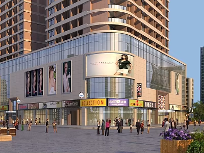 Bustling Commercial Street with Tall Buildings Glass Curtain Walls Store Signs and Pedestrians 3d model