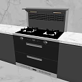 Modern Kitchen With Black Gas Stove Range Hood And White Marble Countertop