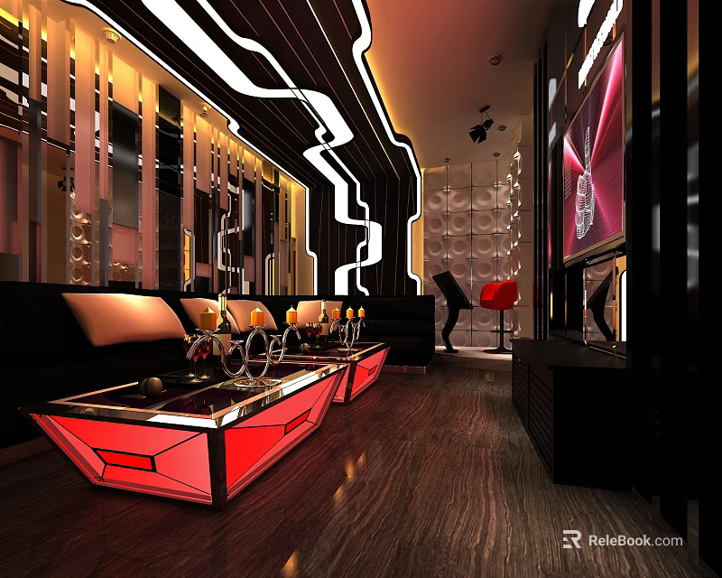 Modern KTV Lounge Interior With Comfortable Sofa LED Lights And TV Screens 3d model 