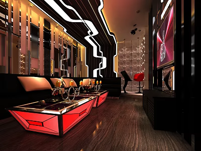 Modern KTV Lounge Interior With Comfortable Sofa LED Lights And TV Screens 3d model