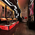 Modern KTV Lounge Interior With Comfortable Sofa LED Lights And TV Screens