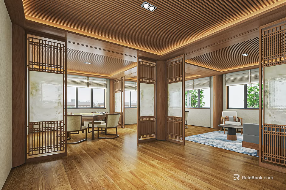 Spacious Hotel Mahjong Room Featuring Chinese Wooden Partitions Tables Chairs And Natural Light 3d model 