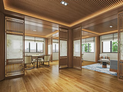 Spacious Hotel Mahjong Room Featuring Chinese Wooden Partitions Tables Chairs And Natural Light 3d model