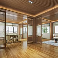 Spacious Hotel Mahjong Room Featuring Chinese Wooden Partitions Tables Chairs And Natural Light