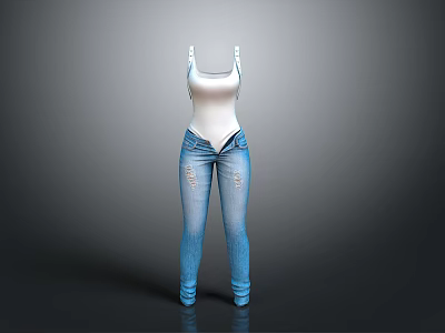 Stylish White Tank Top And Blue Ripped Jeans Casual Fashion Outfit 3d model