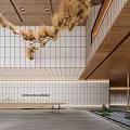 Modern Front Desk Reception Area Design With Wooden Ceiling Large Windows And Lounge Seating