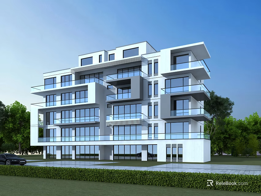 Modern Multi storey Semi detached Villa With Balconies Large Glass Windows Surrounded By Greenery 3d model 