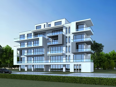 Modern Multi storey Semi detached Villa With Balconies Large Glass Windows Surrounded By Greenery 3d model