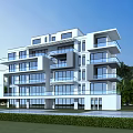 Modern Multi storey Semi detached Villa With Balconies Large Glass Windows Surrounded By Greenery