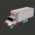 White Box Truck With Long Cargo Container And Blue Wheels On Dark Surface