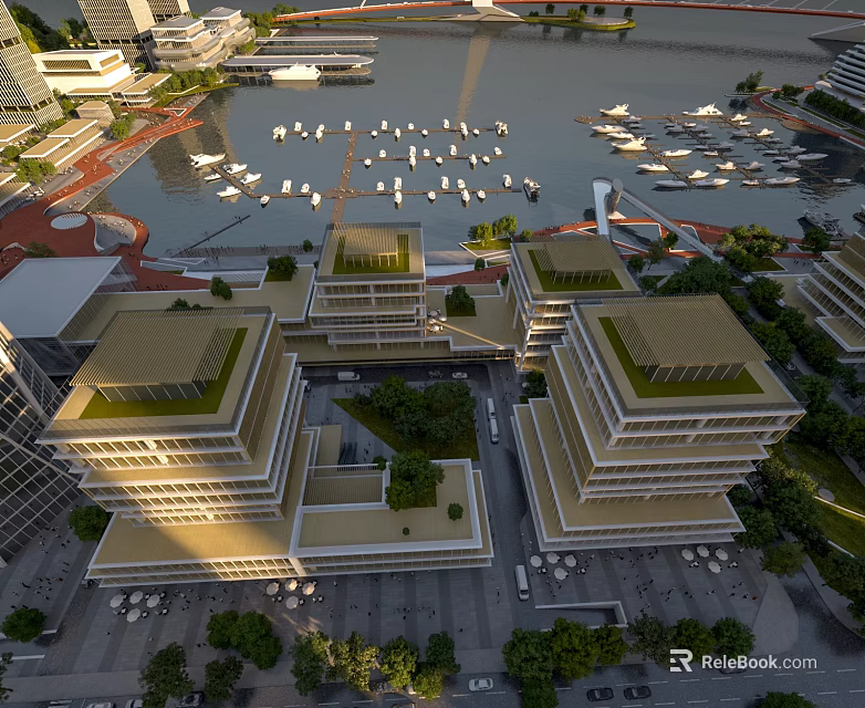 Aerial Planning of Modern Buildings With Green Roofs Near Waterfront Marina and Boats 3d model 