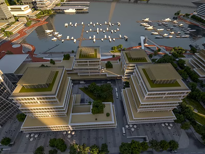 Aerial Planning of Modern Buildings With Green Roofs Near Waterfront Marina and Boats 3d model