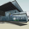 Modern Architectural Design Featuring Glass Facade Multi Level Structure Entrance Steps And Red Star Decoration