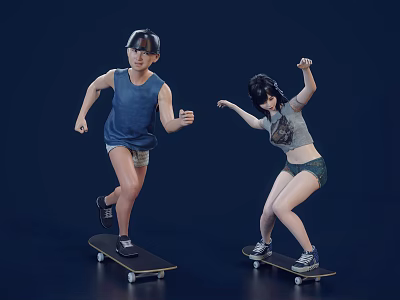 Two People Engaged In Skateboarding With Dynamic Movements Against Dark Background 3d model