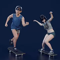 Two People Engaged In Skateboarding With Dynamic Movements Against Dark Background 3d model