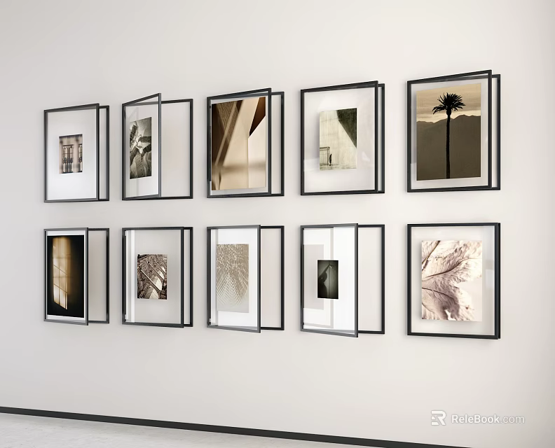 Black Picture Frames Arranged Neatly On White Wall Displaying Artworks 3d model 