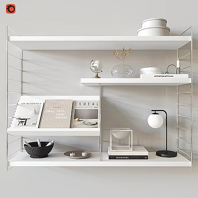 Decorative Ornaments Set on Modern White Shelves with Glass Globe Vase Books and Table Lamp 3d model
