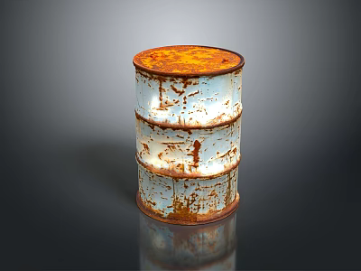 Rusty Banded Oil Drum With Peeling Paint And Rust On Dark Reflective Surface 3d model