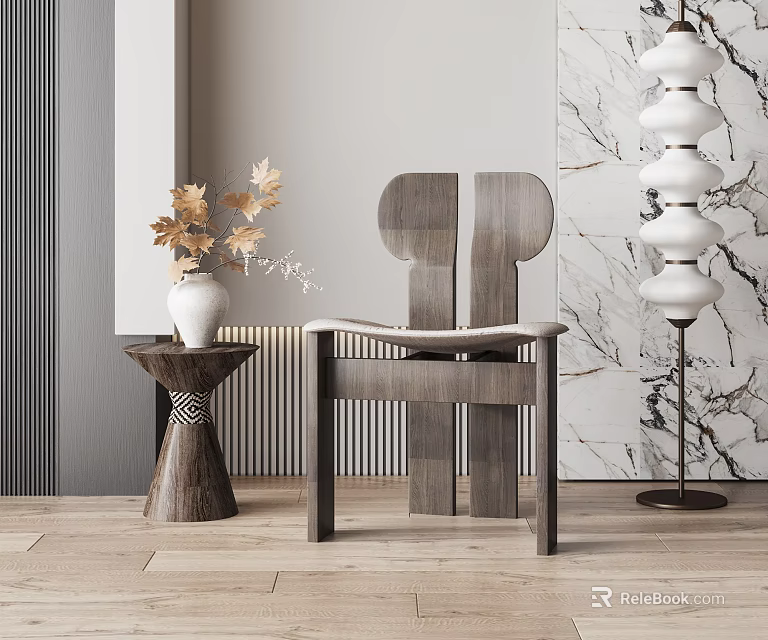 Modern Wooden Leisure Chair With Side Table Vase Dried Flowers Striped And Marble Wall 3d model 