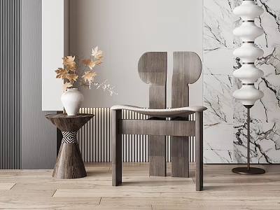 Modern Wooden Leisure Chair With Side Table Vase Dried Flowers Striped And Marble Wall 3d model