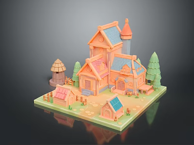 Fairy Tale Themed 3D Model Scene With Small Houses Trees And Mushroom Hut 3d model