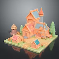 Fairy Tale Themed 3D Model Scene With Small Houses Trees And Mushroom Hut
