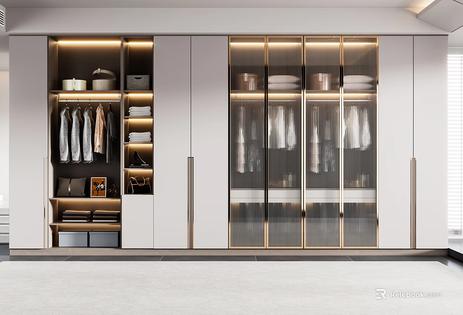 Modern Wardrobe Interior Design With Glass Doors Layered Storage Drawers And Hanging Areas 3d model 
