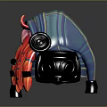 Vibrant Biomechanical Character Creature with Long Red Orange Striped Hair and Mechanical Headgear Purple Accents
