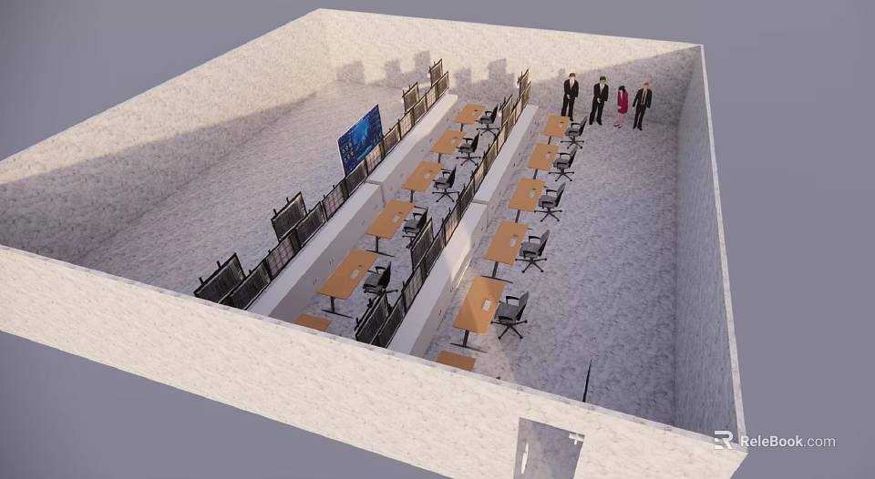 Dining Hall Interior With Rows Of Tables Chairs And People Standing 3d model 